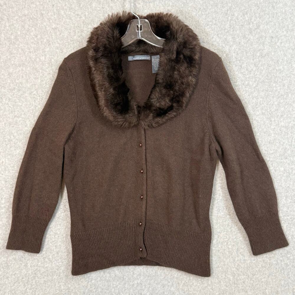 Hillard & Hanson Faux Fur Collar Angora Wool Cardigan Sweater Size L Avant Garde